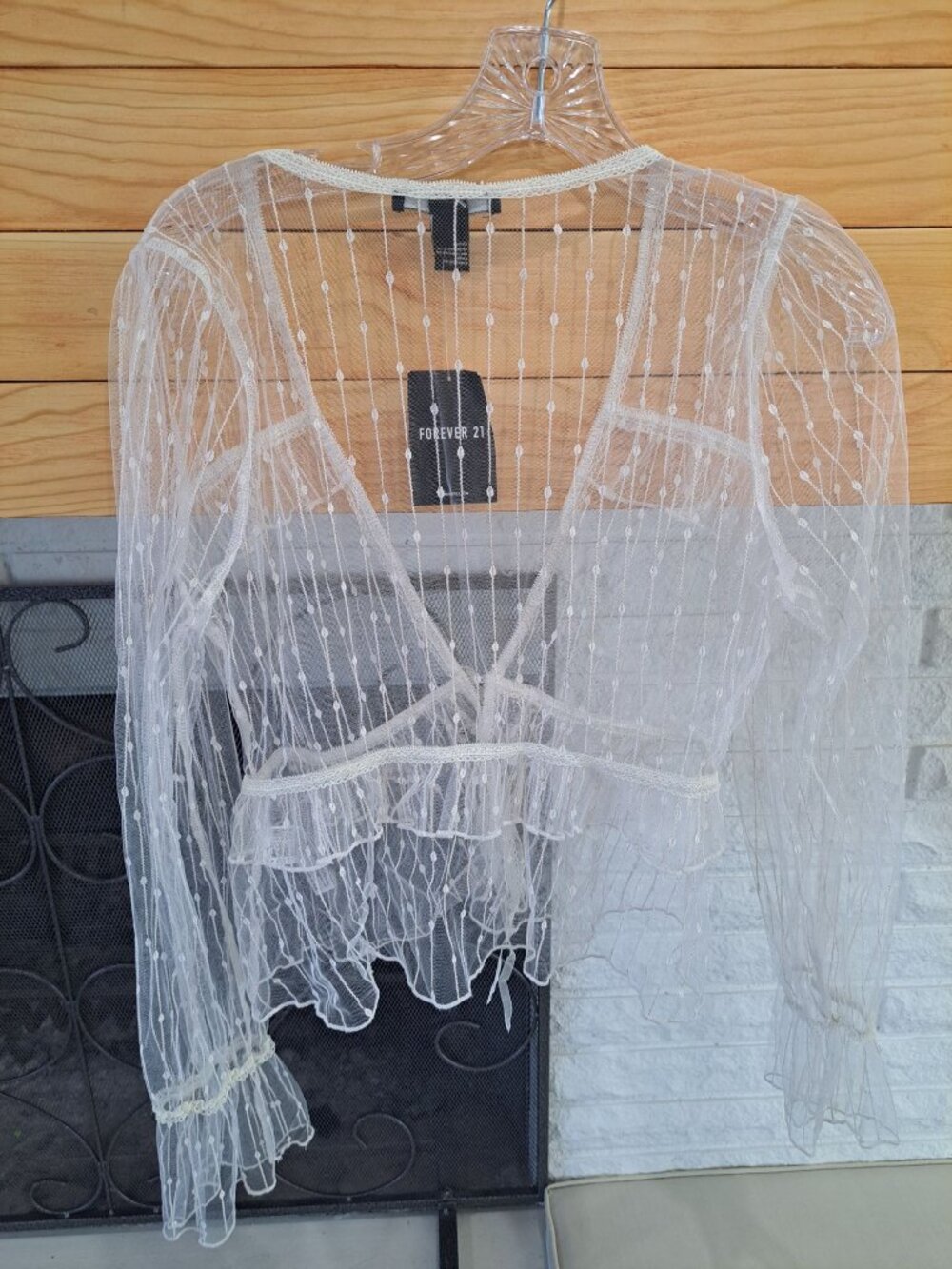 New Med Sheer White Polka Dot Mesh Wrap Top Ruffle Hem Elastic Cuffs Cottage - Picture 8 of 11